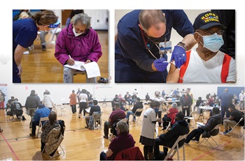 Collage of photos showing diverse group of community members filling out forms, getting a COVID-19 vaccine, or waiting to be vaccinated
